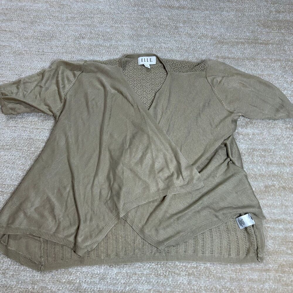 ELLE Cardigan Womens M Tan Short Sleeve Open Front Lightweight Knit Lace Back